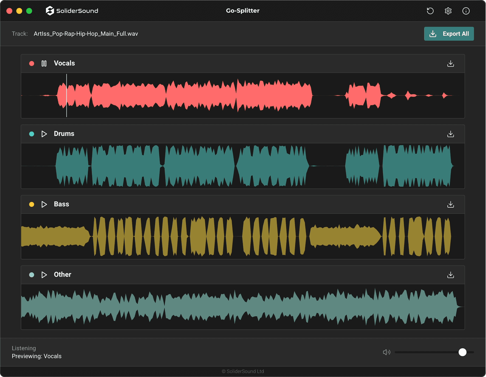 Go-Splitter — Preview stems with color-coded waveforms